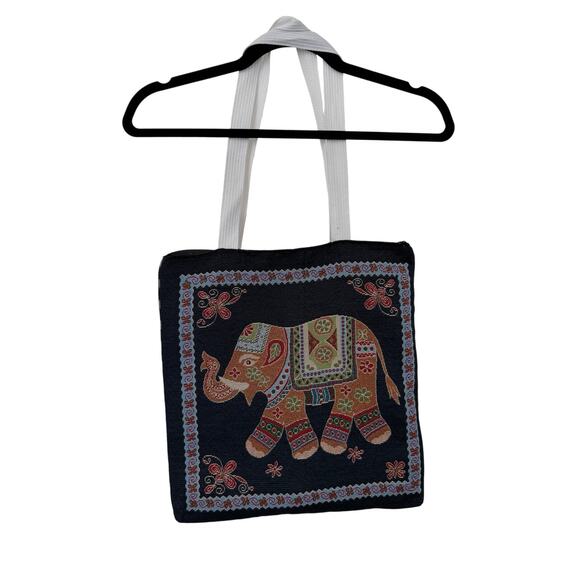 14" x 14.5" Black / Navy Embroidered Thai Elephant Zip Bag with White Handles - Picture 1 of 4